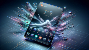 DALL·E 2023-12-20 13.30.14 - A sleek, modern smartphone displaying the HyperOS interface with advanced and fluid animations. The phone is a Xiaomi model, prominently featuring red