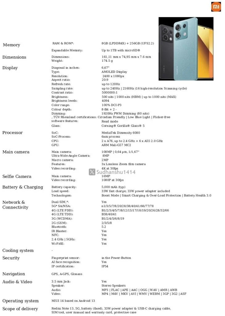 Discover the full specifications of the Redmi Note 13 5G Series, leaked ahead of its global and Indian launch - Redmi Note 13 5G series