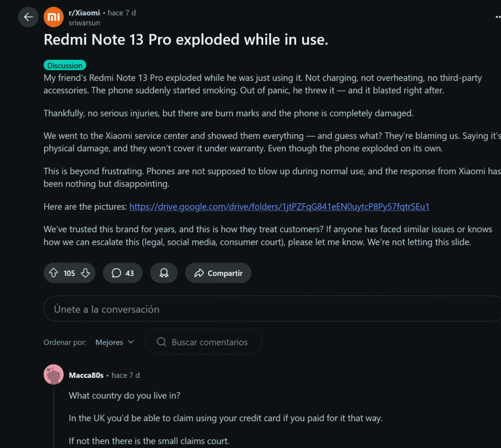 reddit original post
redmi note 13 pto exploded while in use