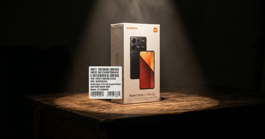 Illustration of a Xiaomi phone box with an IMEI label, used to show how to check a phone before buying